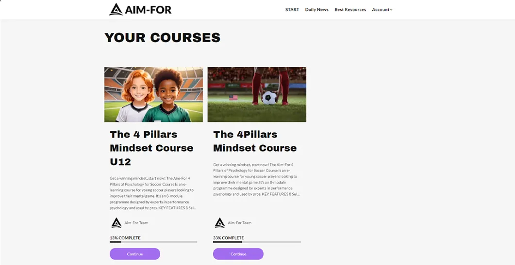 4Pillars Courses interface showcasing The 4 Pillars Mindset Course U12 and The 4Pillars Mindset Course, highlighting their descriptions and progress status.