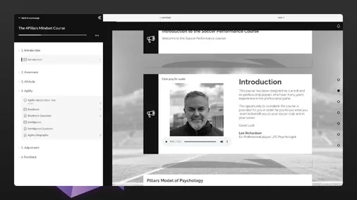 Course interface of The 4Pillars Mindset Course, displaying the introduction by Lee Richardson, sections for Awareness, Attitude, Agility, and Adjustment, with completion indicators.