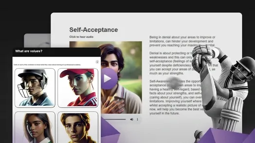 Promotional graphic for The 4Pillars Mindset Course for Cricketers (17+), showing a young male cricketer illustration next to a course interface about values and self-acceptance.