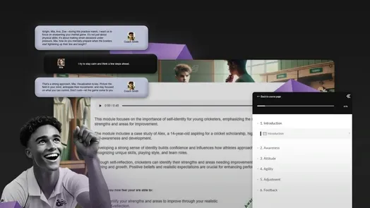 Promotional graphic for The 4Pillars Mindset Course for Cricketers (U16), featuring a smiling teenage cricketer alongside a lesson screen with module navigation and text content.