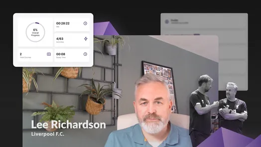The 4Pillars Courses interface featuring Lee Richardson from Liverpool F.C., displaying overall course progress, time spent, and completed activities. The image highlights 'The 4Pillars Mindset Course For Soccer Players' with sections for profile and learning activities, aimed at building a winning mindset for optimum mental performance.
