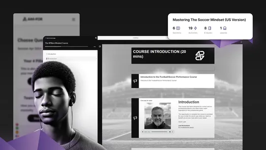 Promotional graphic for The 4Pillars Mindset Course for Soccer Players (17+), showing a young male footballer with headphones beside a course interface displaying an introductory module.