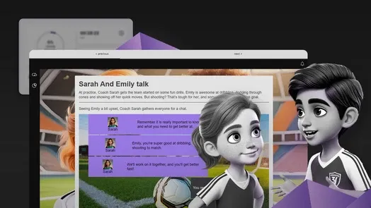 Promotional graphic for The 4Pillars Mindset Course for Soccer Players (U12), using stylised cartoon football characters beside a dialogue-based learning screen.