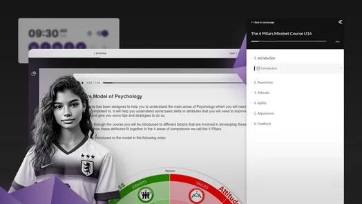 Promotional graphic for The 4Pillars Mindset Course for Soccer Players (U16), featuring a teenage girl in a football shirt next to an on-screen psychology module with the 4Pillars learning menu.