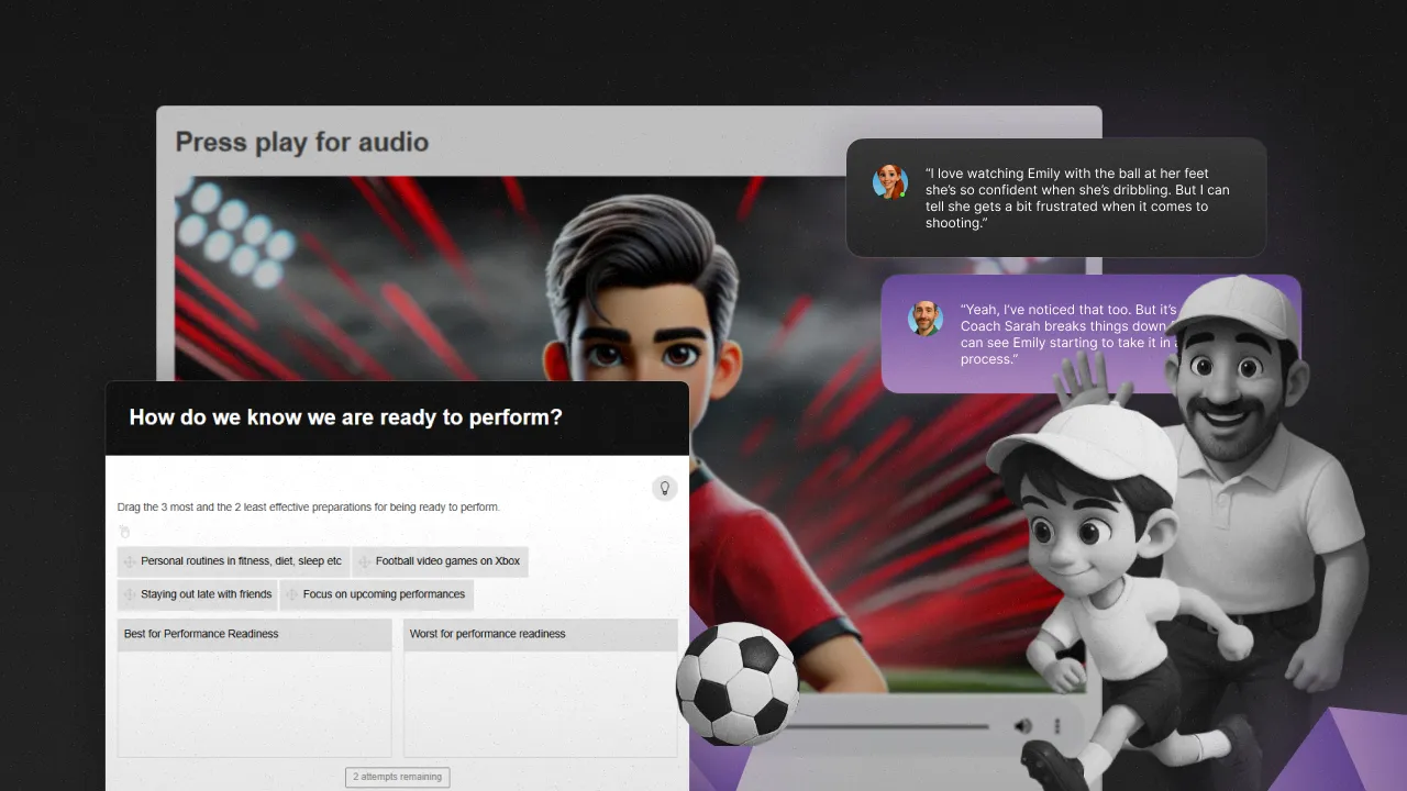 A collage-style hero image for the 4Pillars Mindset Course for Parents (U12), featuring a 3D animated young football player in a stadium, speech bubbles of fictional parent conversations about their child’s confidence and skills, and playful black-and-white 3D characters of a parent and child with a football. In the foreground, a course activity panel titled ‘How do we know we are ready to perform?’ shows an interactive drag-and-drop exercise about performance readiness.