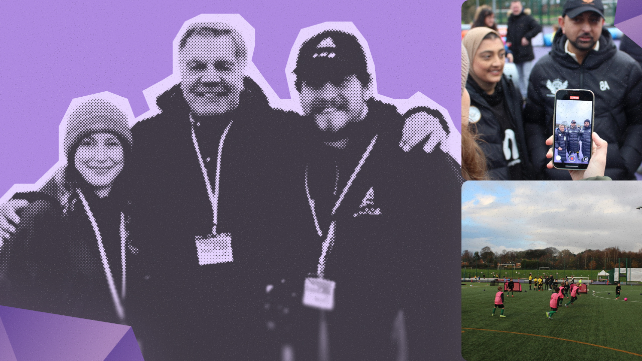 A halftone-style photo of two AIM-FOR team members standing with football manager Sam Allardyce at the Grassroots Coachathon, alongside event photos of coaches, families, and young players on the pitch.