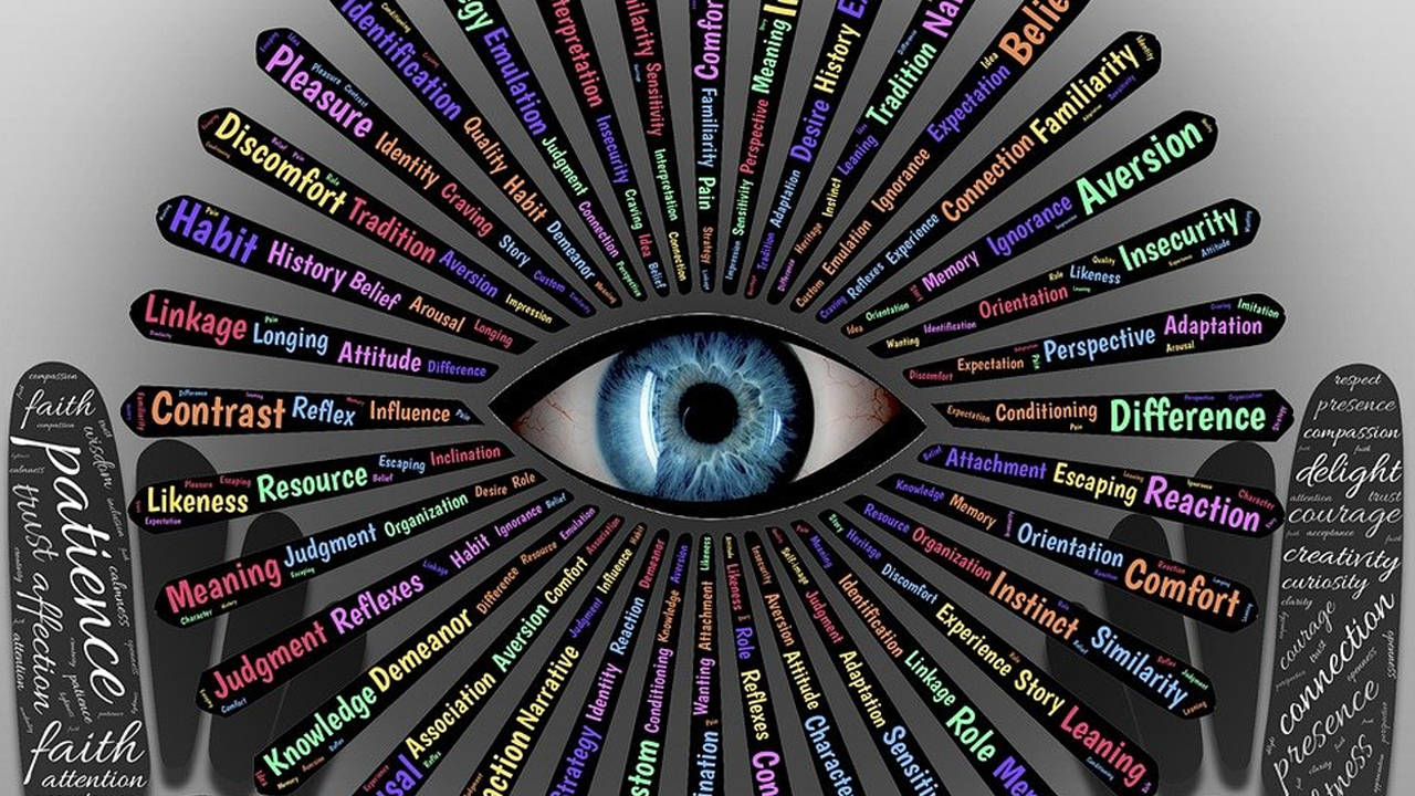 A stylised illustration of a blue eye surrounded by colourful words related to emotions and self-awareness, held within cupped hands formed from typography about acceptance, mindfulness, and compassion.