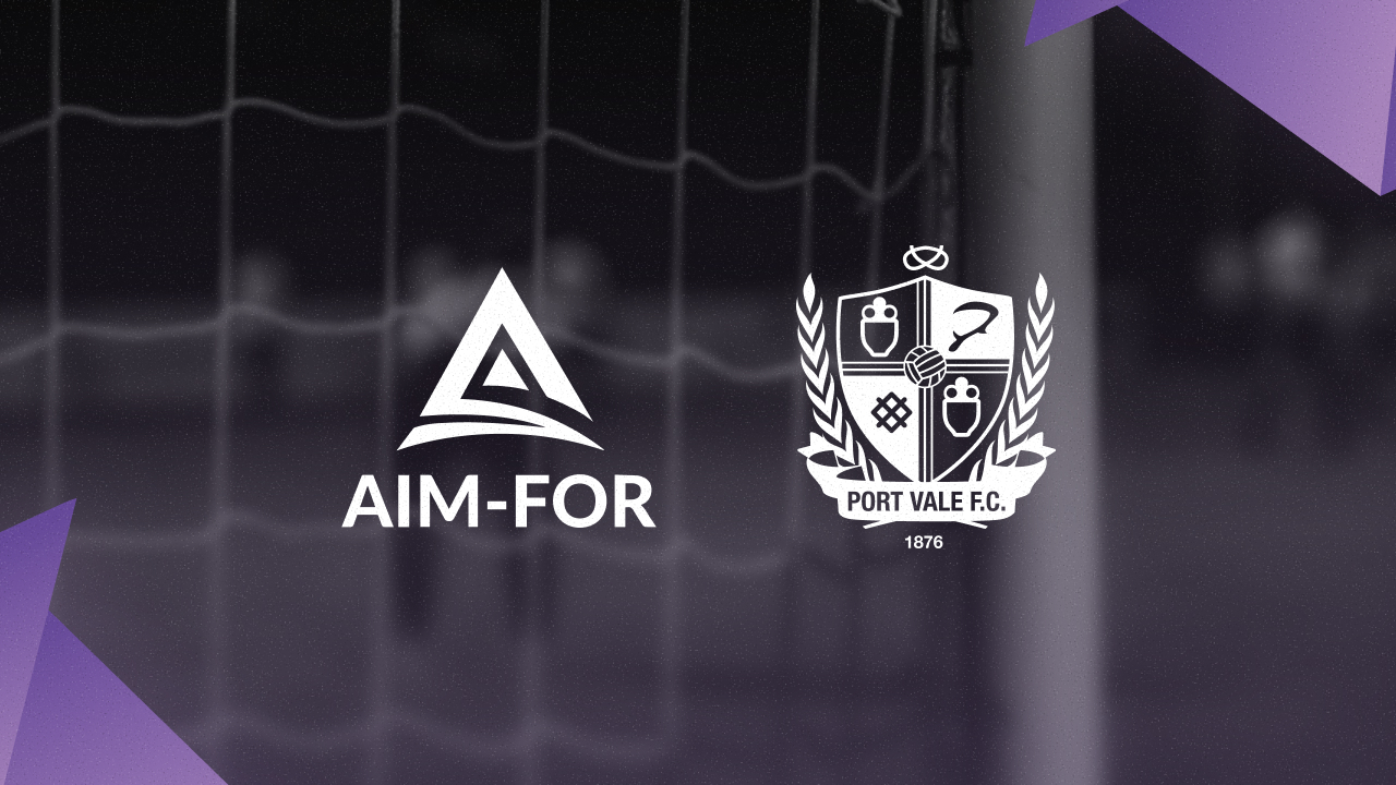 Graphic featuring the AIM-FOR logo alongside the Port Vale F.C. crest on a blurred football net background.