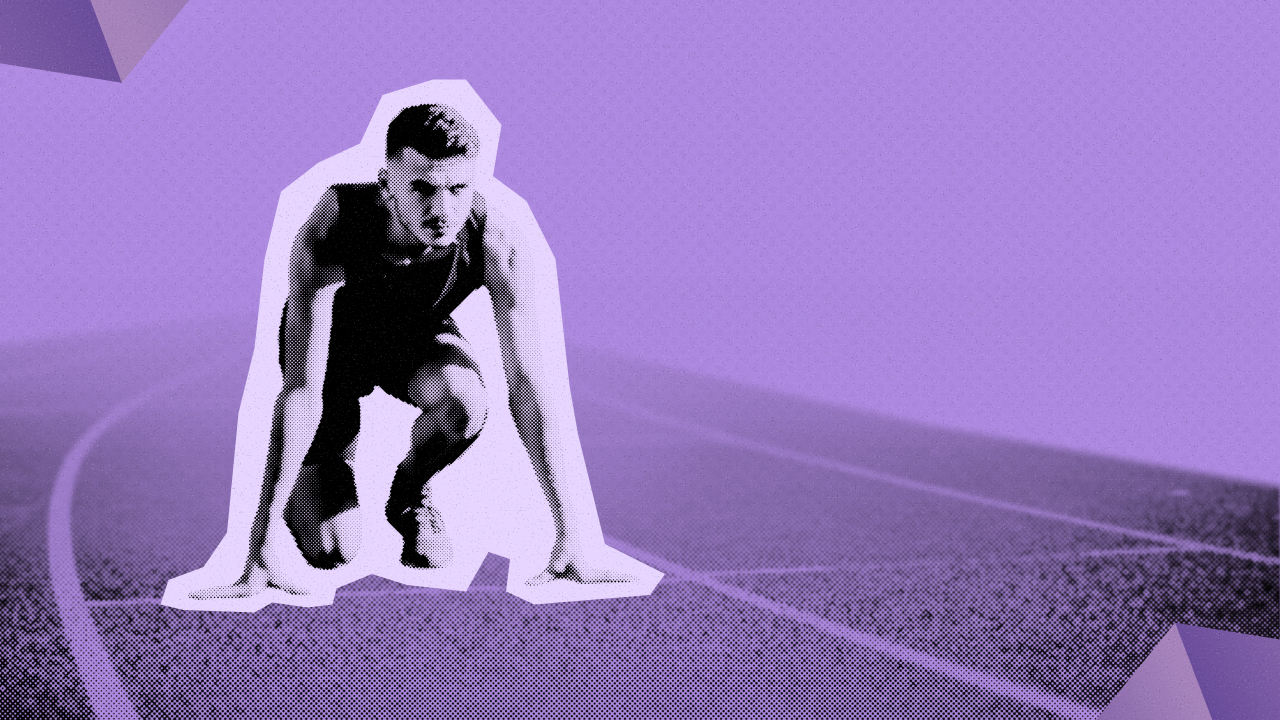A halftone-style graphic of a male sprinter crouched in a starting position on a running track, set against a purple background with geometric shapes in the corners.