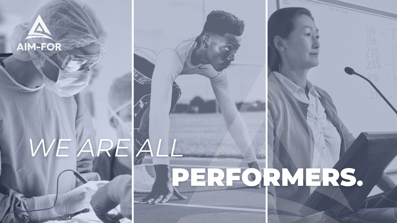 A split-panel graphic showing a surgeon, an athlete on the starting blocks, and a lecturer at a podium, with the words “We are all performers” across the design.