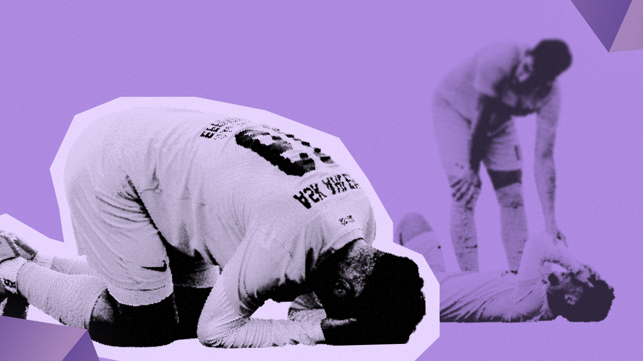 A halftone-style photo of a footballer kneeling on the pitch with his head down after a match, with another player standing in the background symbolising the physical and mental demands of elite football.