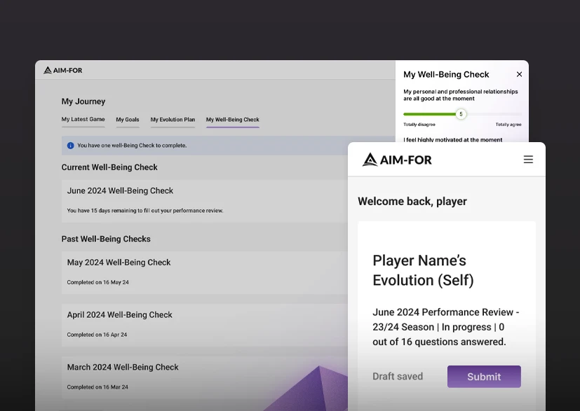 Dashboard view of The 4Pillars Track platform showing a player's well-being check section with current and past well-being checks listed by month. Next to it, a mobile view displaying the player's evolution progress with a draft saved and the option to submit a performance review.